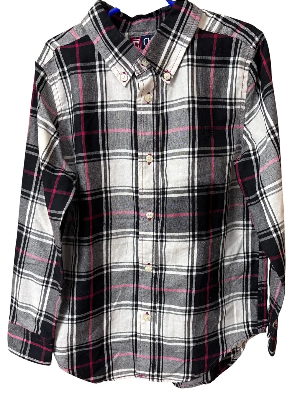 CHAPS Boys Size 7 Plaid Button Down Shirt Black Gray Red Preppy